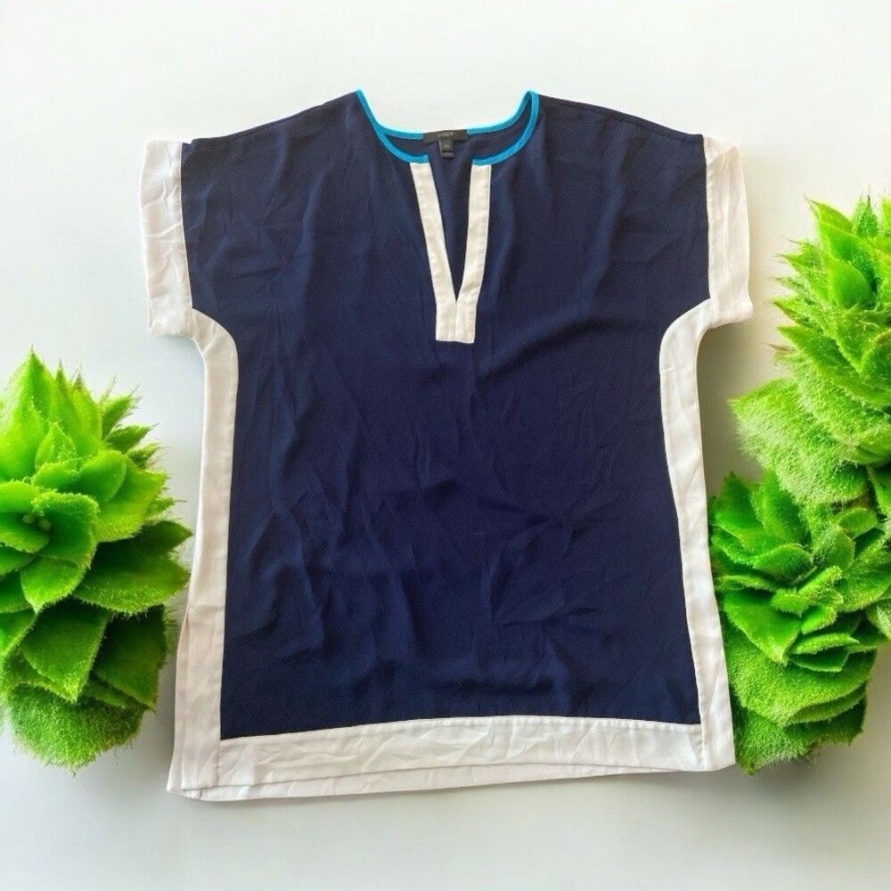 J.crew Top‎ Blouse Oversized Navy Blue/Beige Shirt Size XXS Tunic